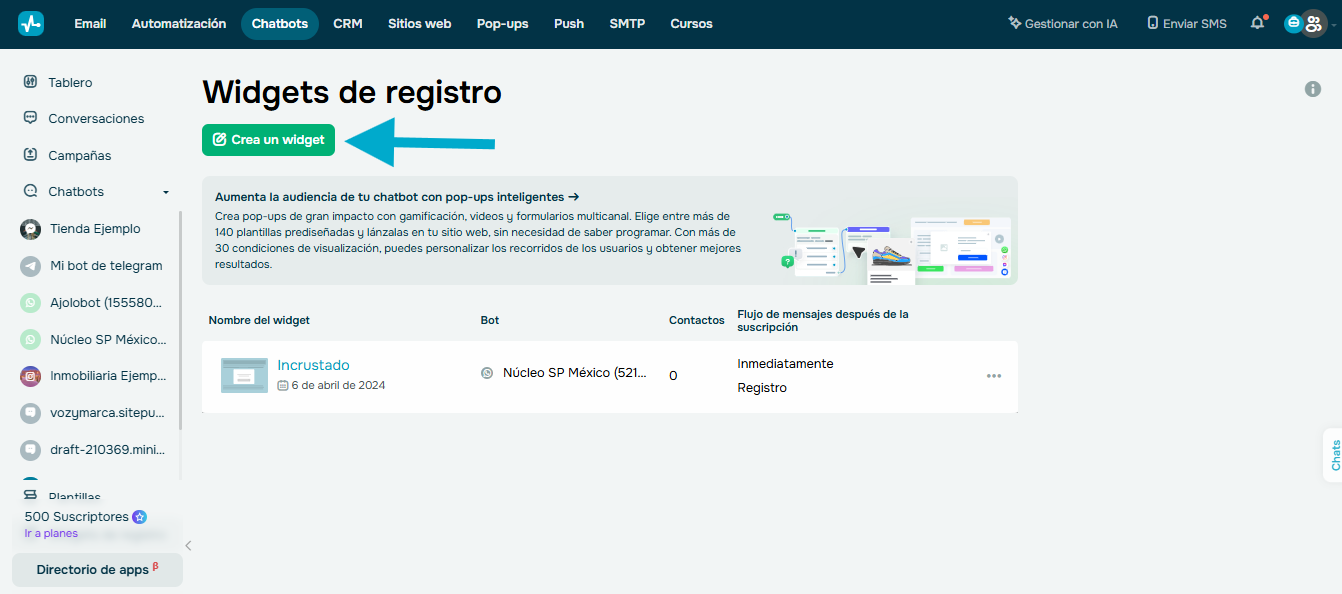 Botón de crear un widget desde la interfaz de SendPulse