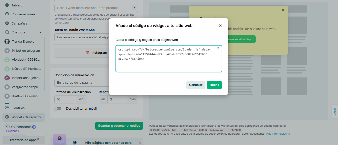 SendPulse ofrece un código para agregar el widget de WhatsApp en el sitio web