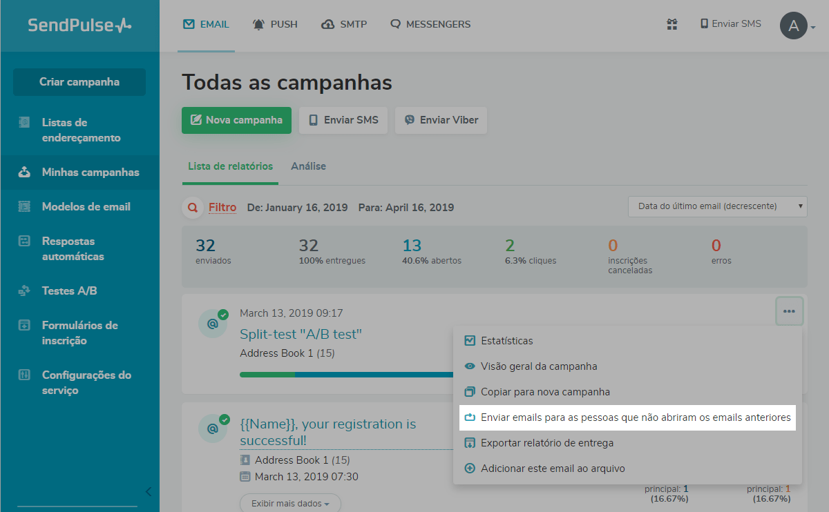 Enviar emails para as pessoas que não abriram os emails anteriores