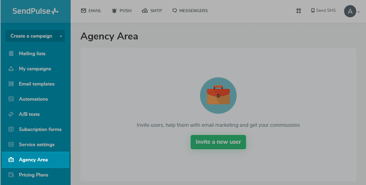 Agency area in the SendPulse menu