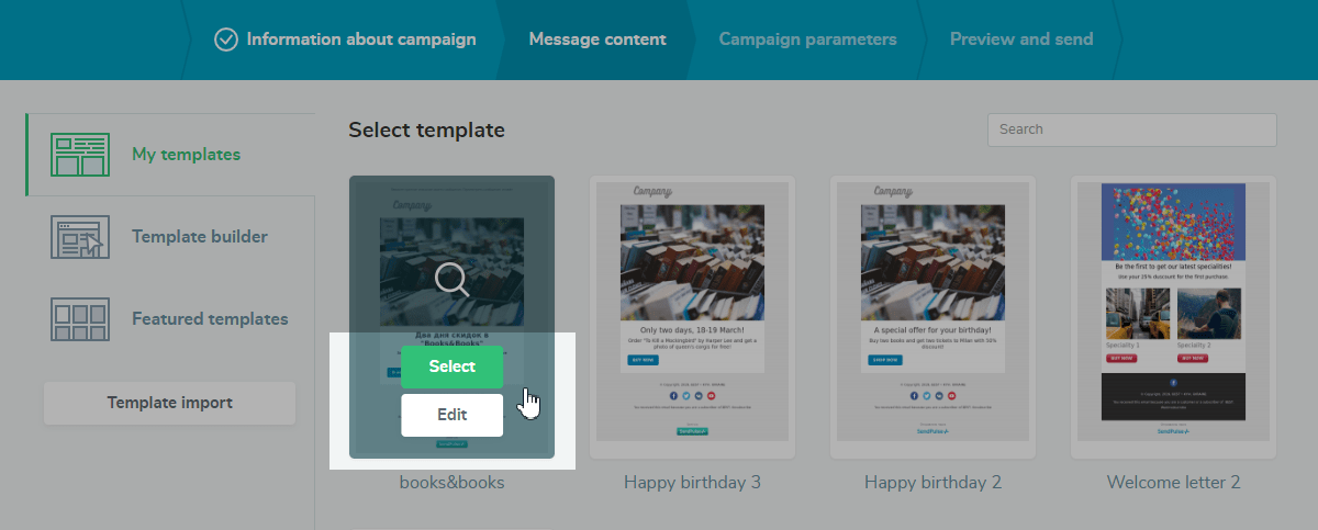 Email template selection