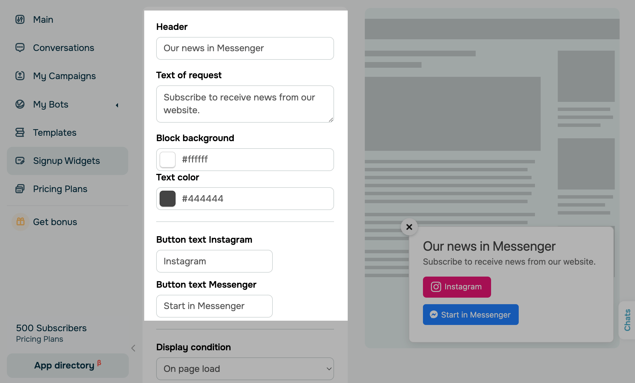 Settings for a floating form