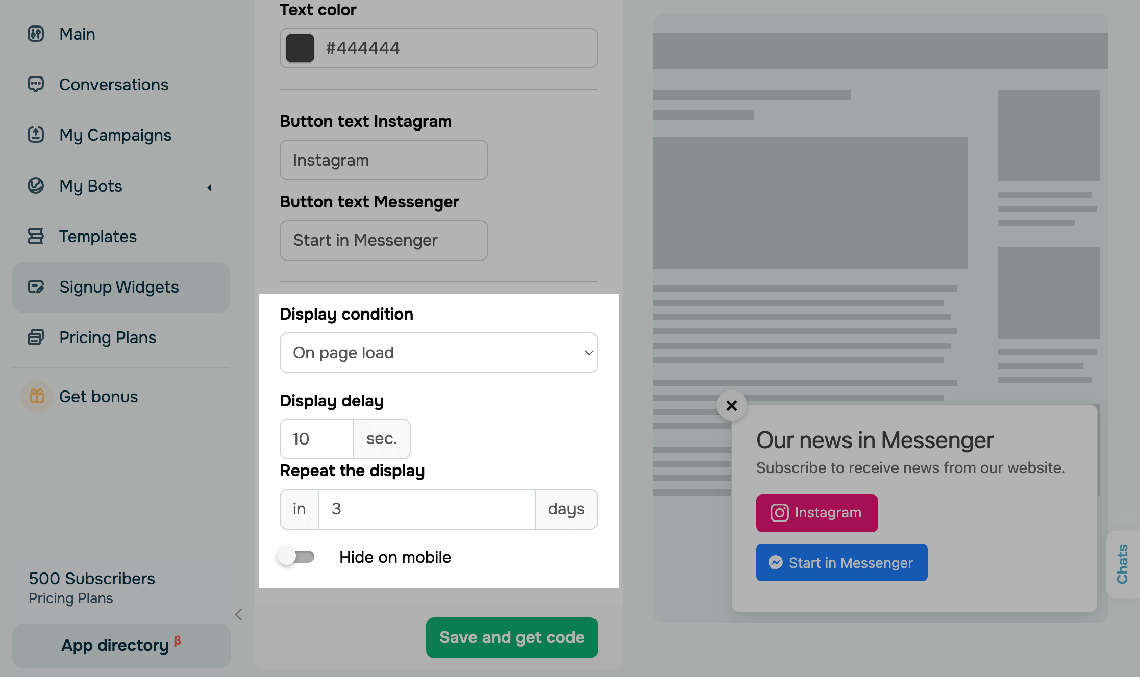 Settings for a floating form