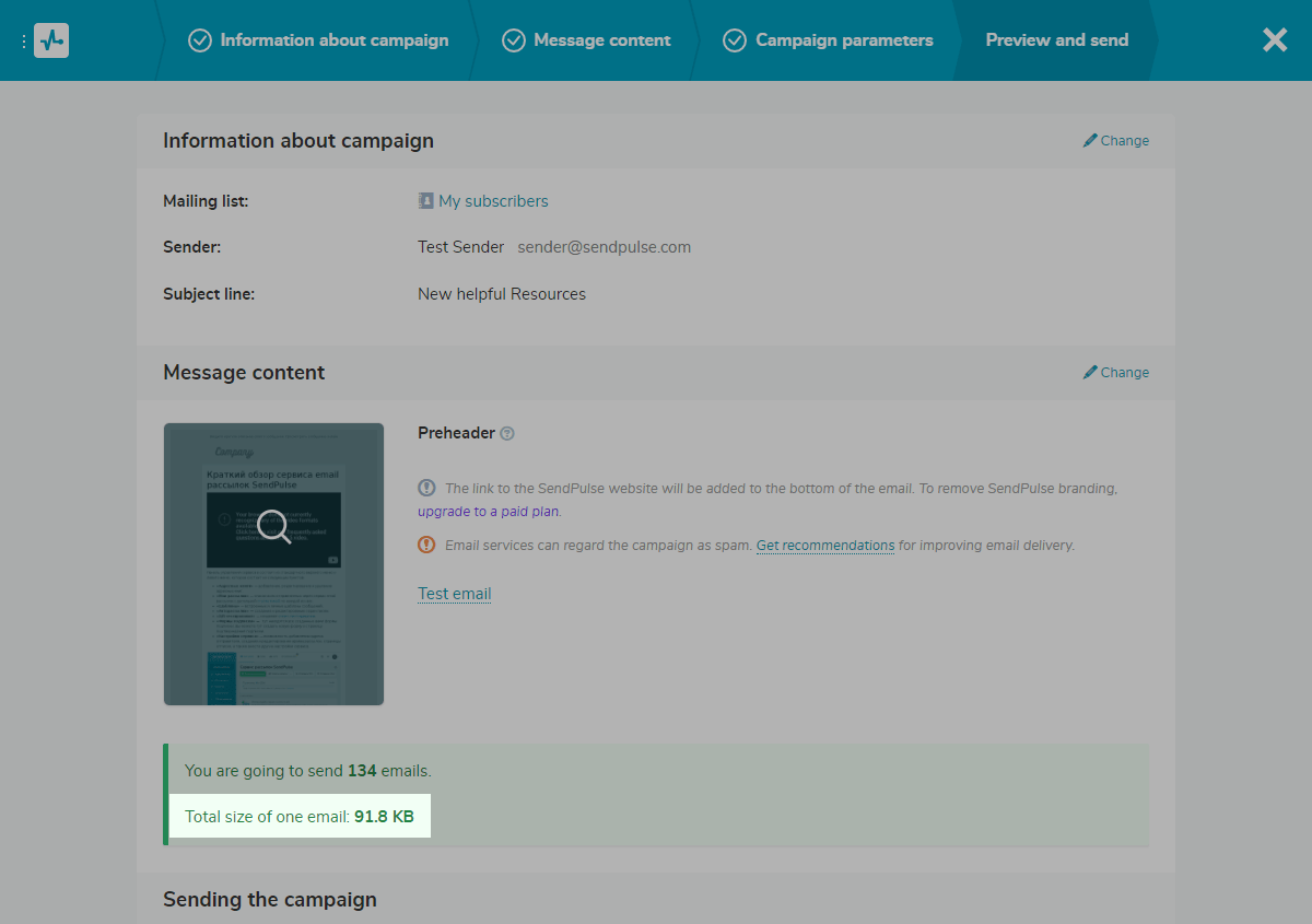 Approximate email size in the SendPulse account