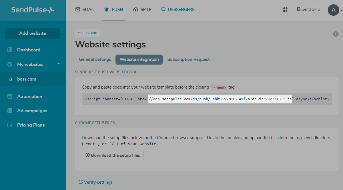 Website integration in the SendPulse account