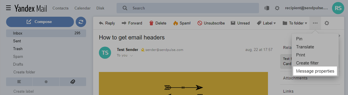 How to get email headers in Yandex Mail