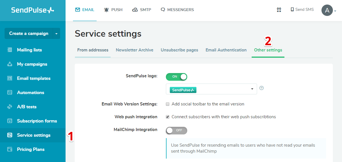 SendPulse service settings