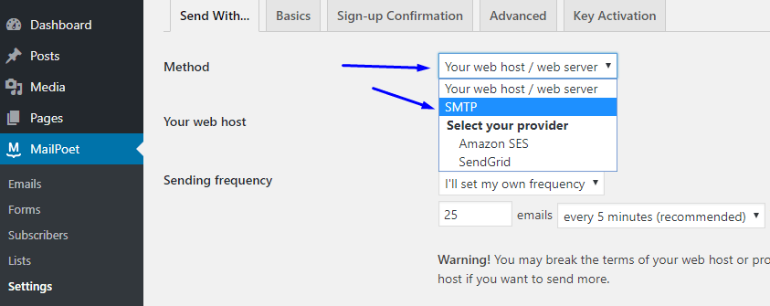 Select an email delivery method