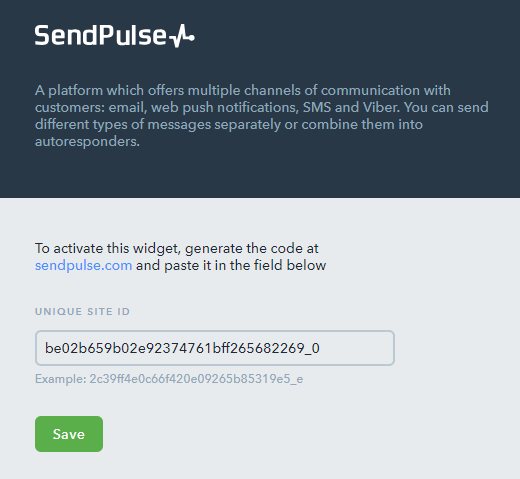 Paste your website ID into SendPulse connection field