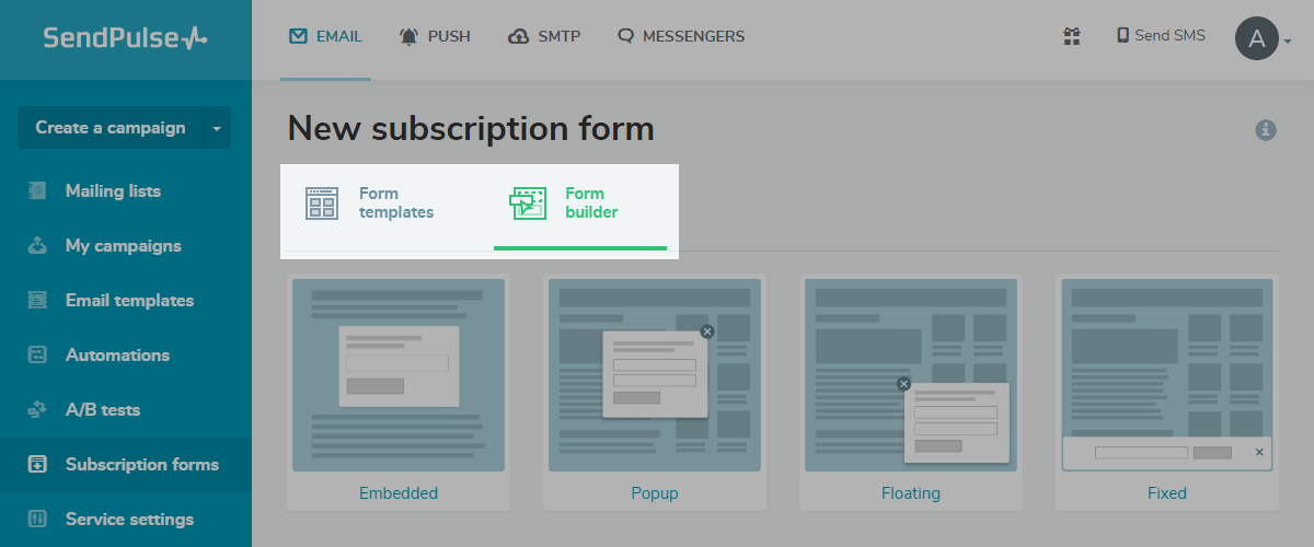 New subscription form selection