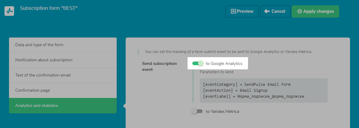 Settings for collecting statistics in Google Analytics