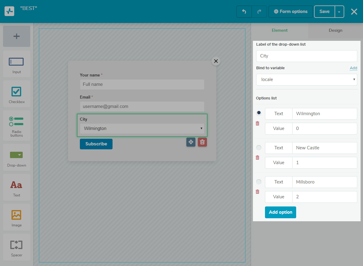 Lista suspensa configurações