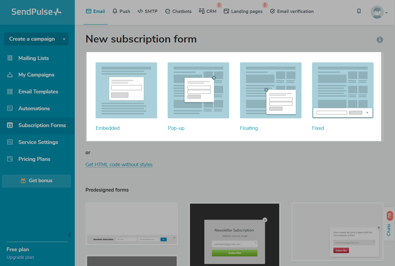 Subscription forms page