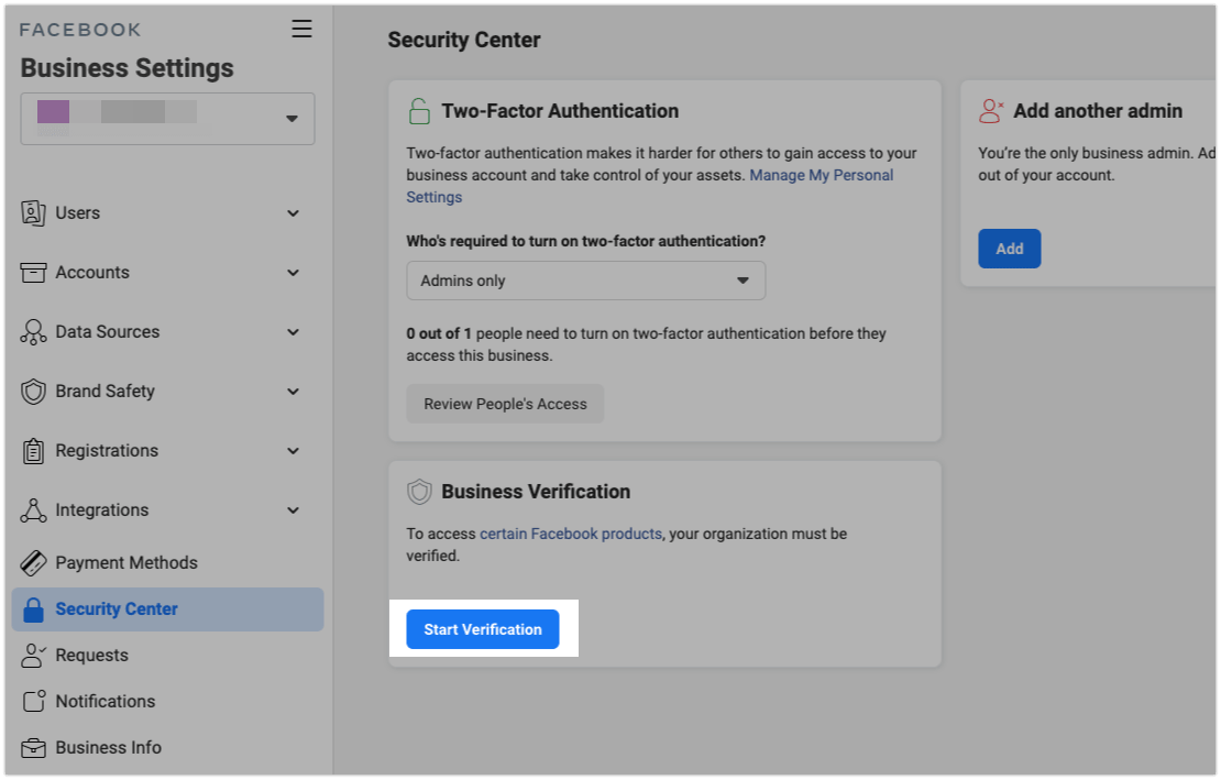 Verify start. Facebook Business Manager (BM).