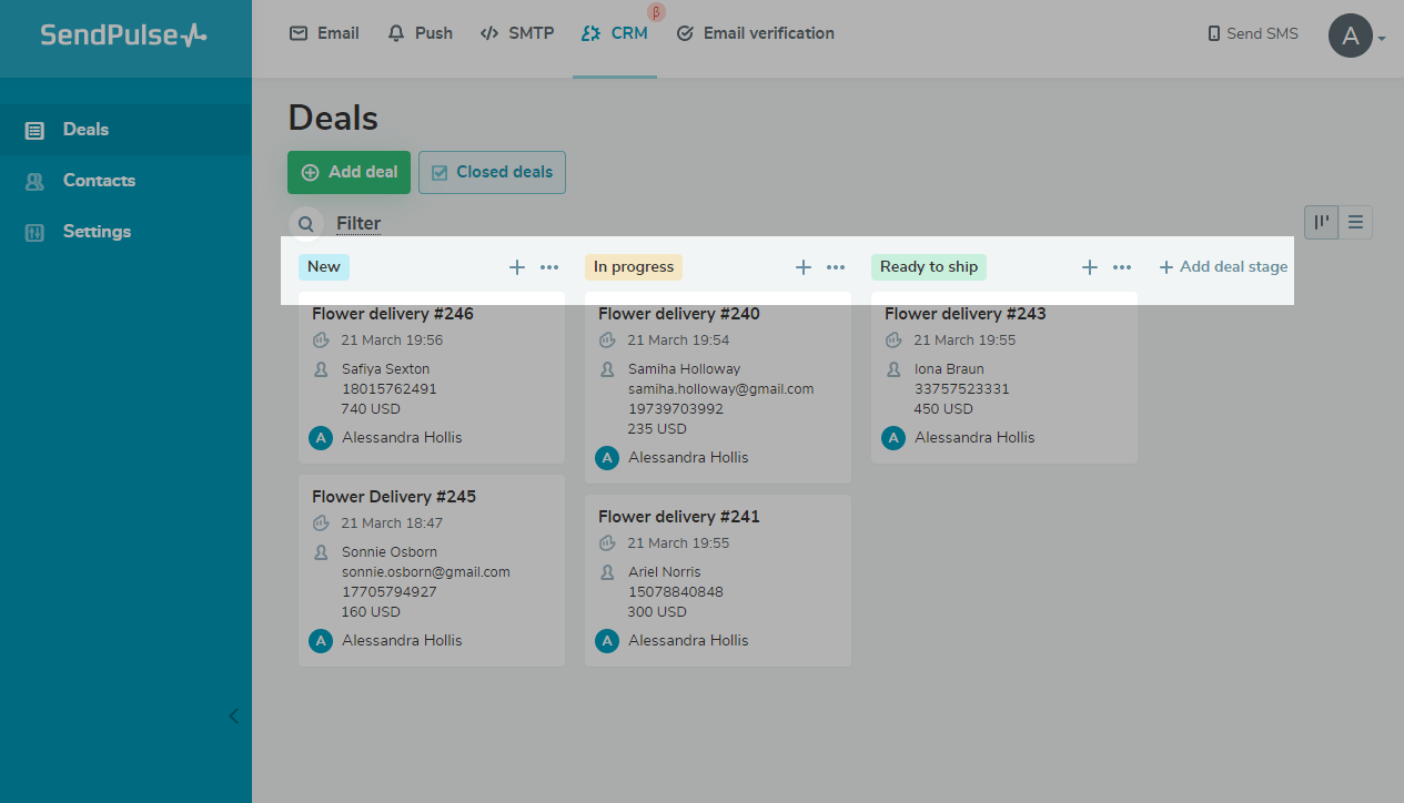 Deals on a kanban board