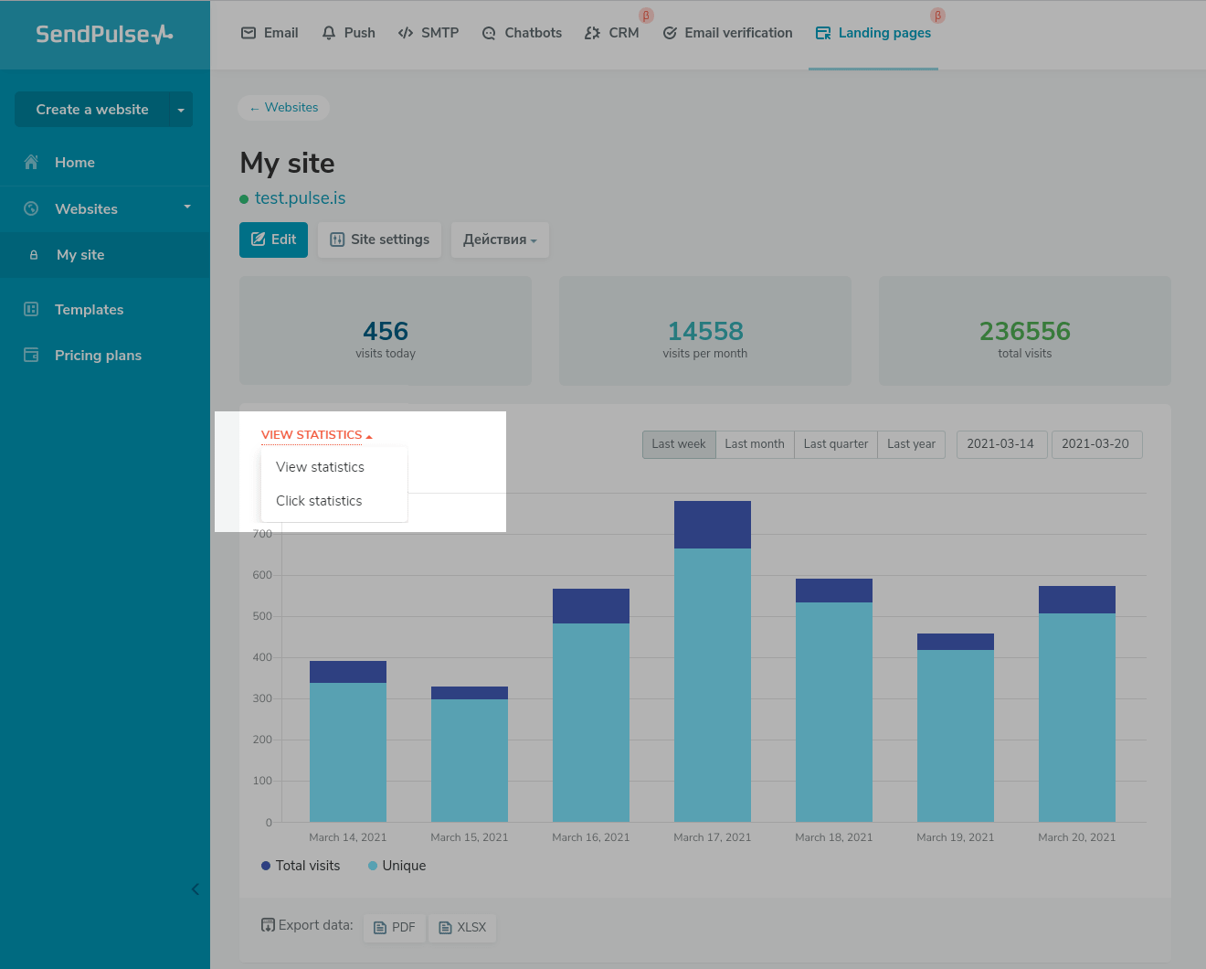 Landing page stats