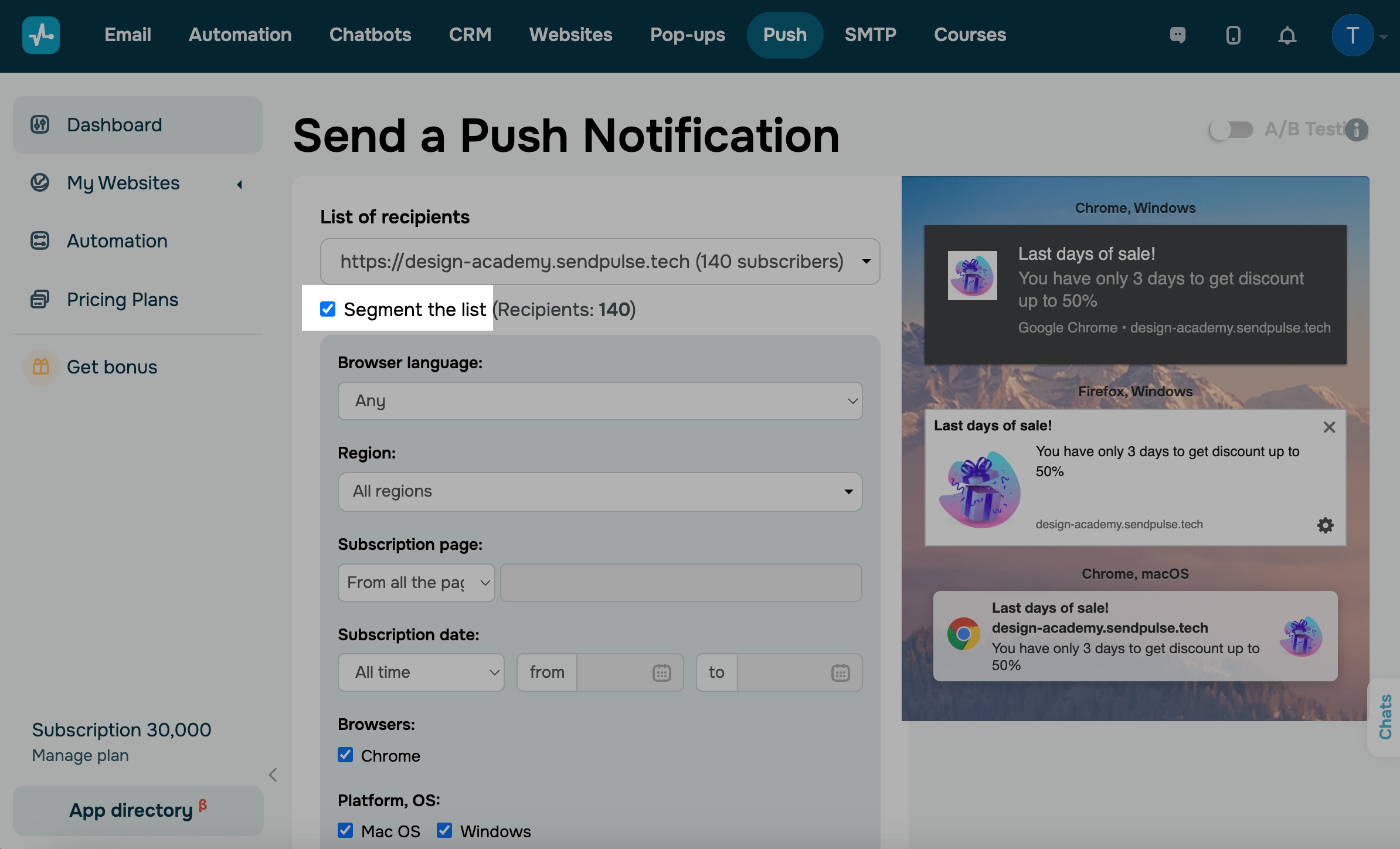 Push segmentation