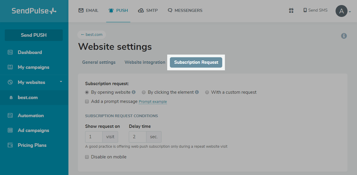 Subscription request settings