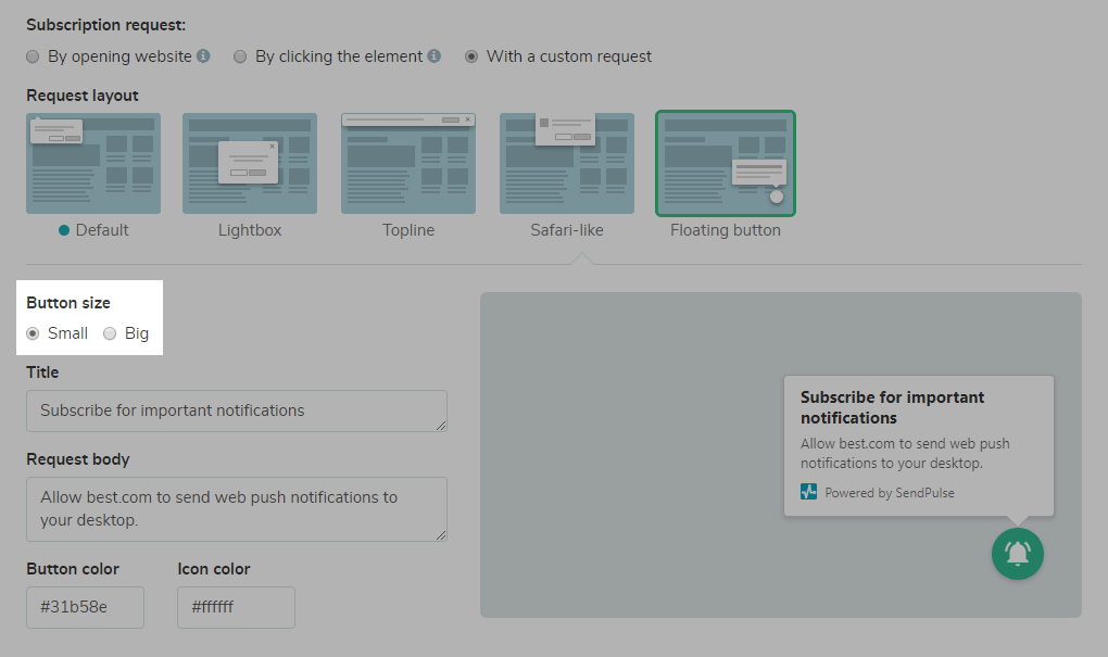 Settings for a floating button