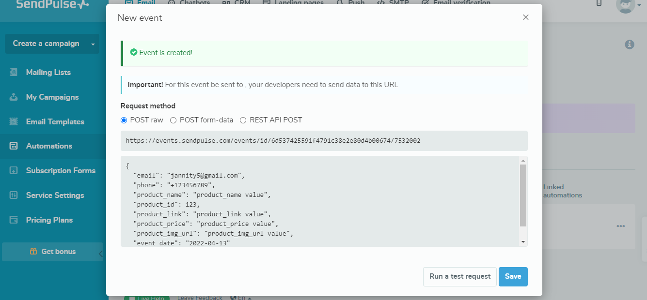 Send data to the URL