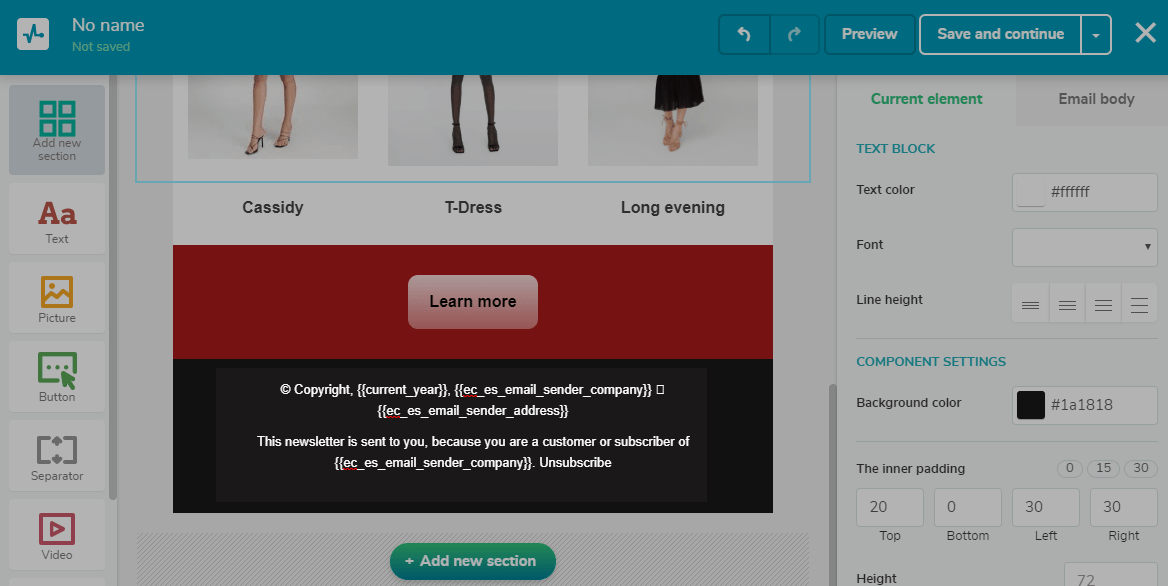 Data about your company in the footer