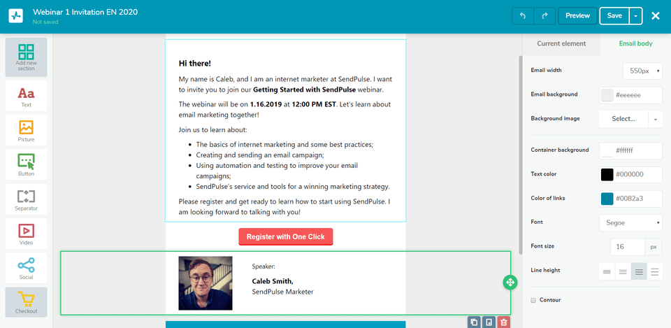 SendPulse's webinar invitation email
