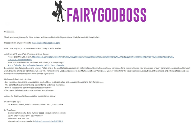 Event confirmation email