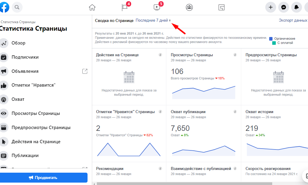 Просмотр статистики в Facebook за определенный период