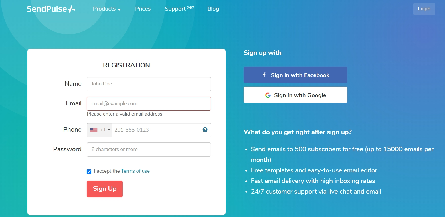 SendPulse registration form