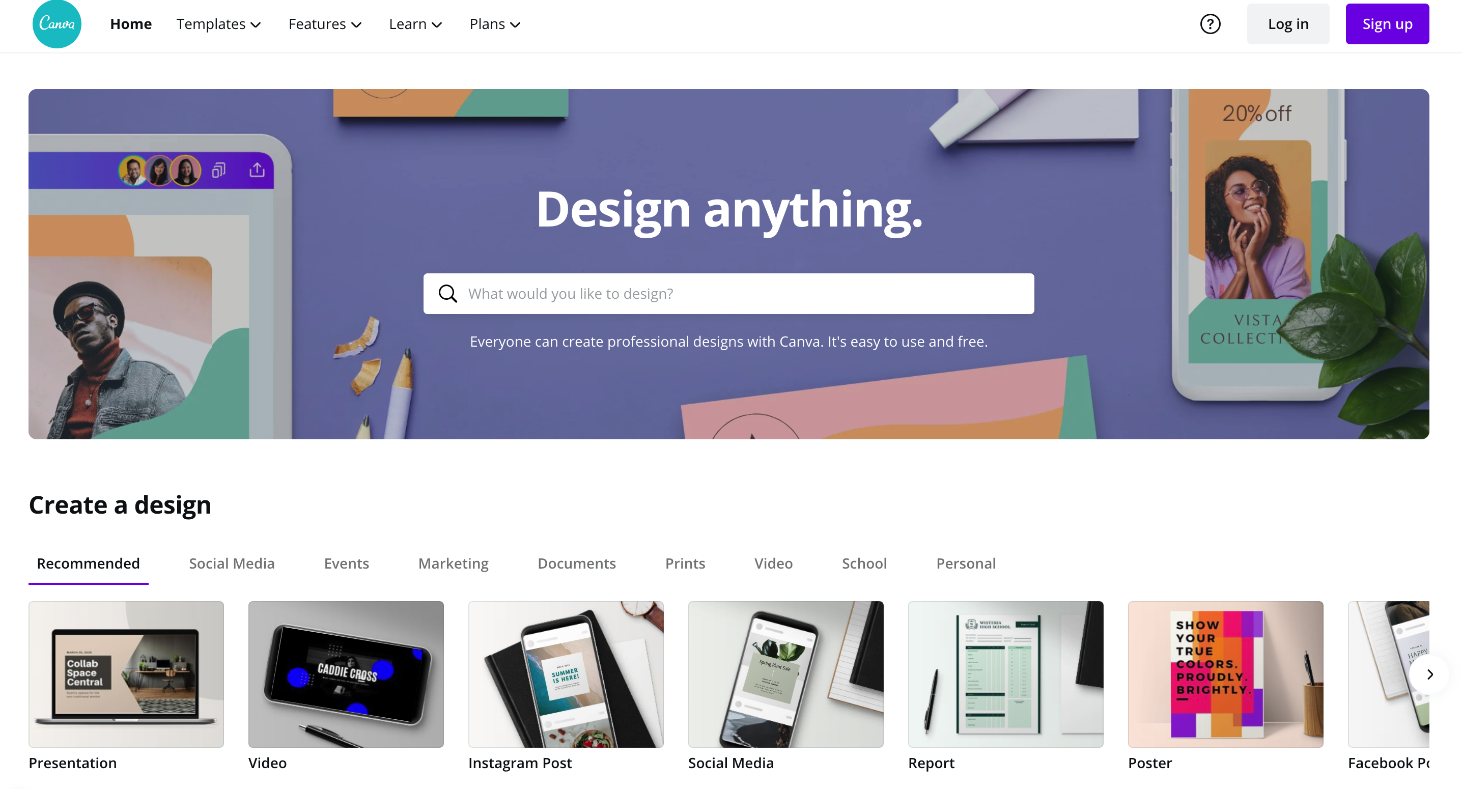Canva’s main page with a value proposition Canva’s main page with a value proposition