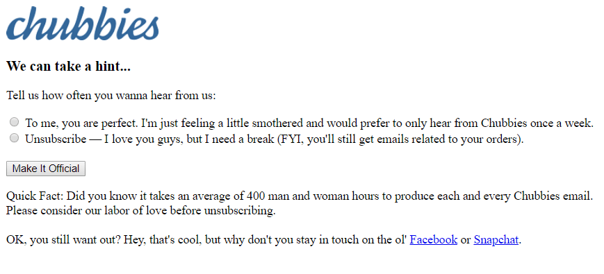 Unsubscribe page by Chubbies