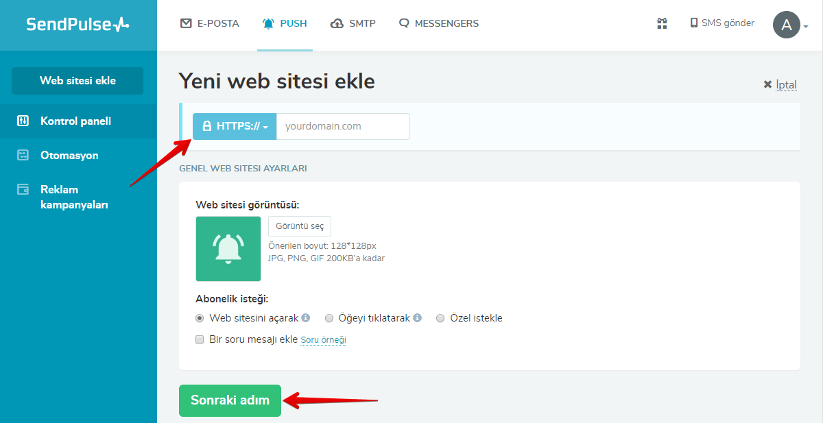 Yeni web sitesi ekle
