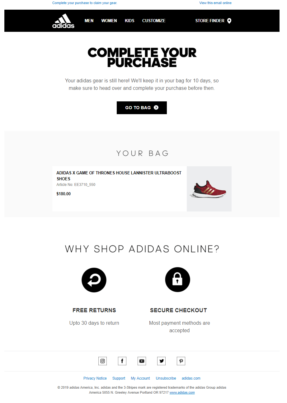 Abandoned cart email based on purchase behavior