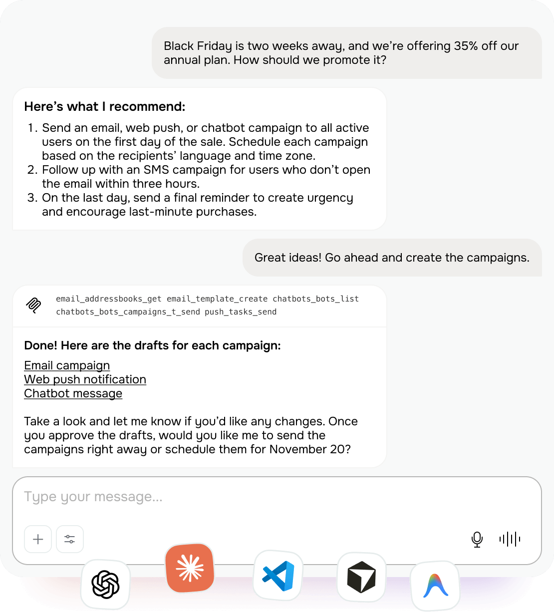 Manages your SendPulse workflows through chat