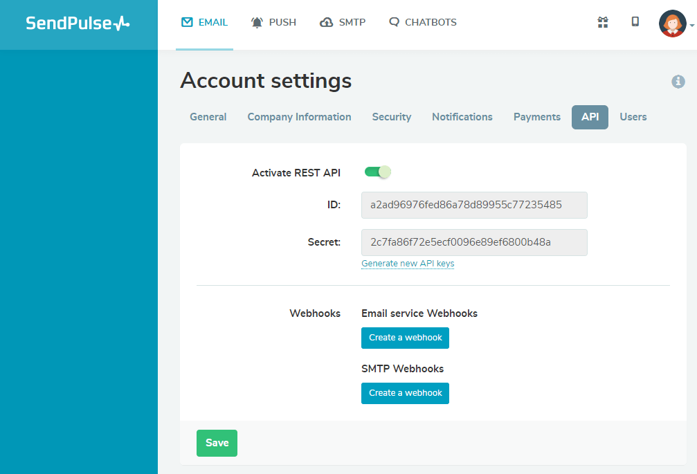 API settings in SendPulse