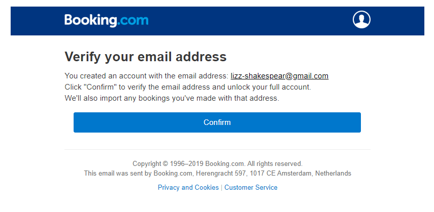 Booking.com subscription confirmation email