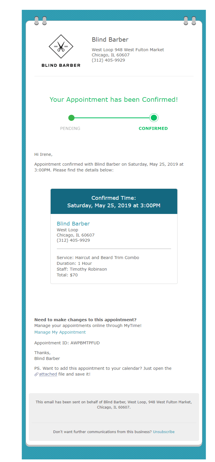 Booking confirmation email