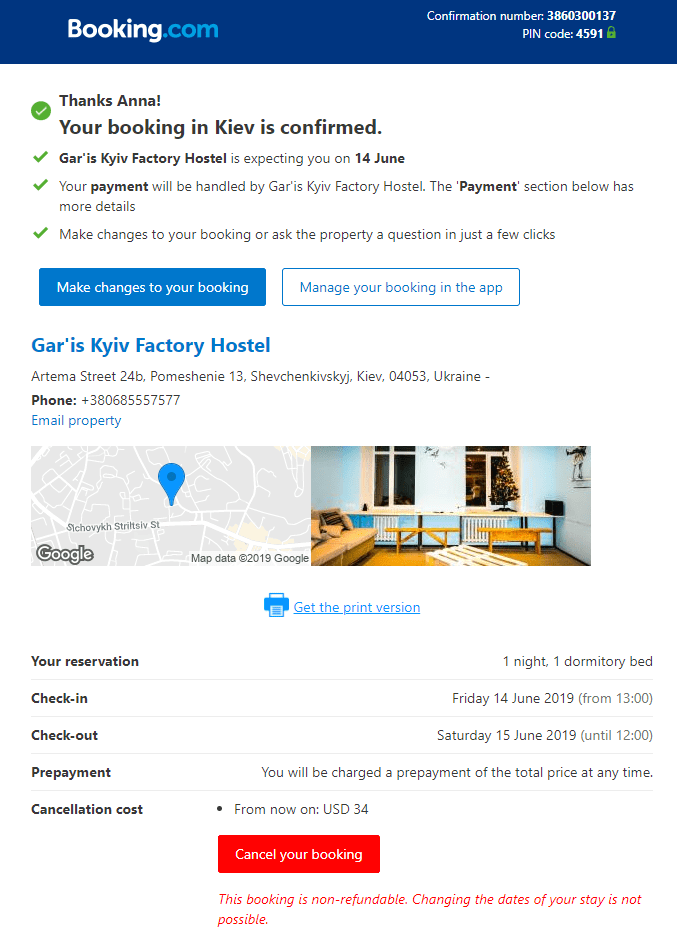 Booking confirmation email