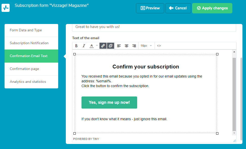 Default confirmation email with a link