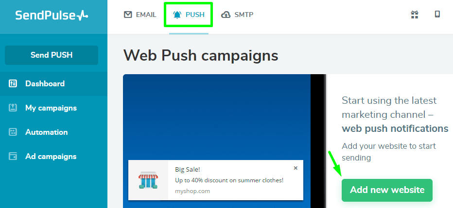 Adicione o seu site para enviar notificações Web Push