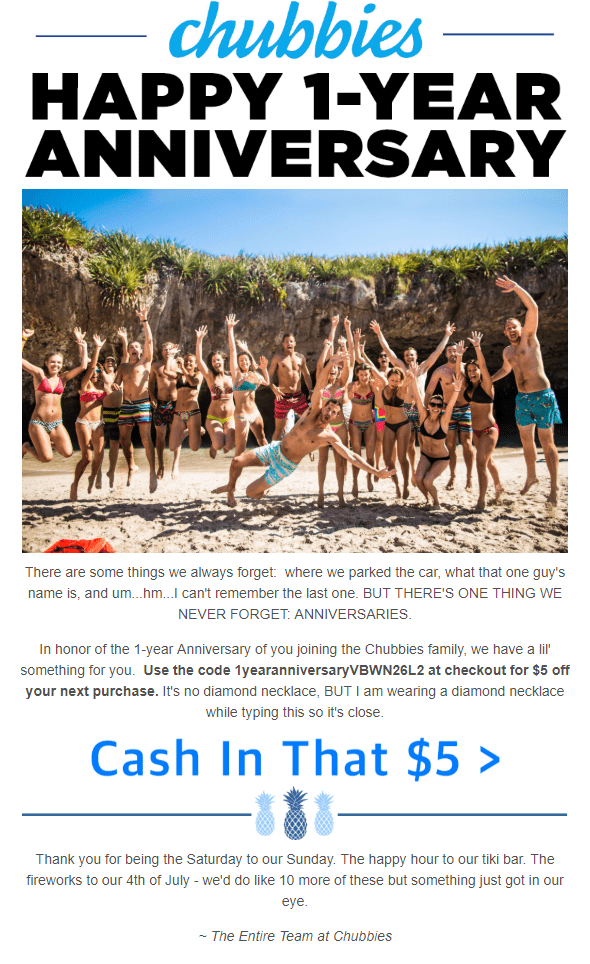 Anniversary email from Chubbies
