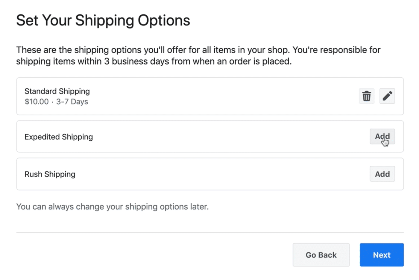 Shipping options