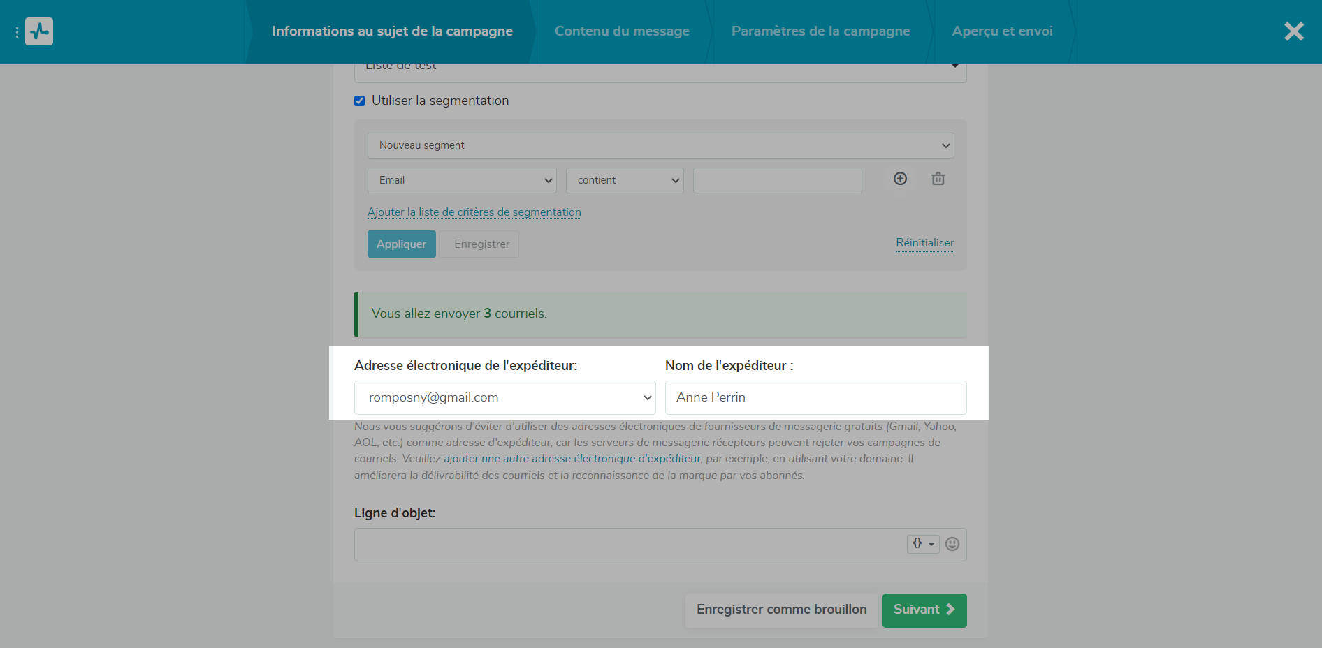 Sélection de l’adresse et le nom de l’expéditeur