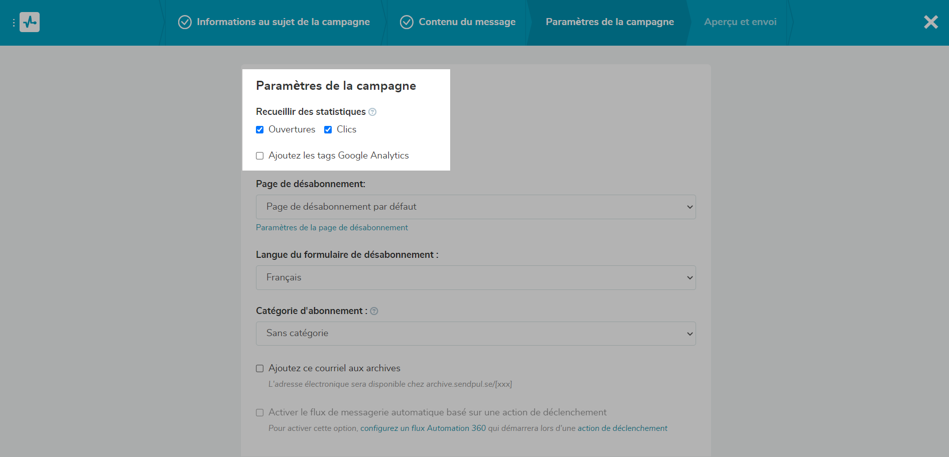 Option de suivie des analyse de l'envoi de votre campagne emailing