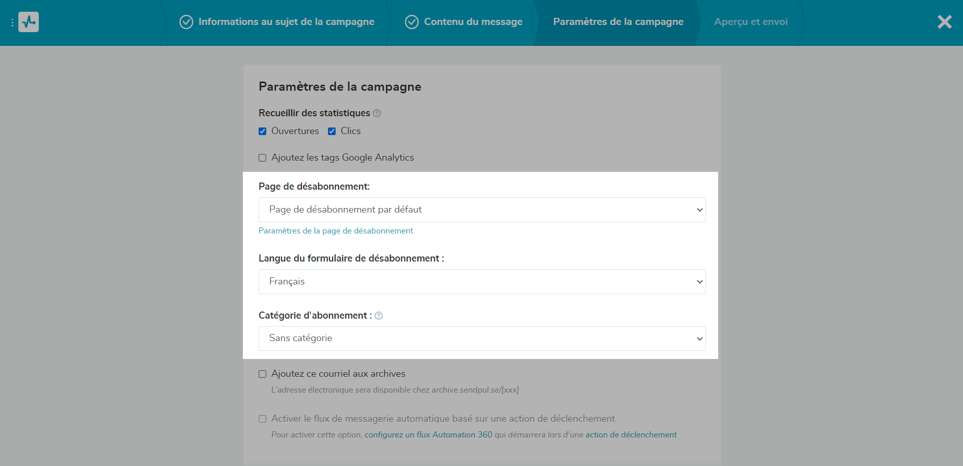 Sélection des option de désabonnement
