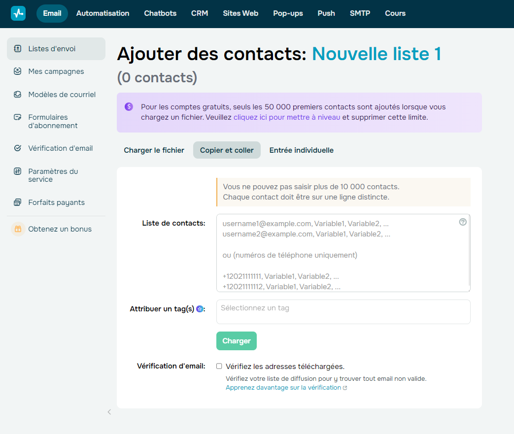 Création d'une liste d'envoi pour sa campagne emailing