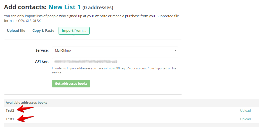 import email contacts from mailchimp sendpulse address books online
