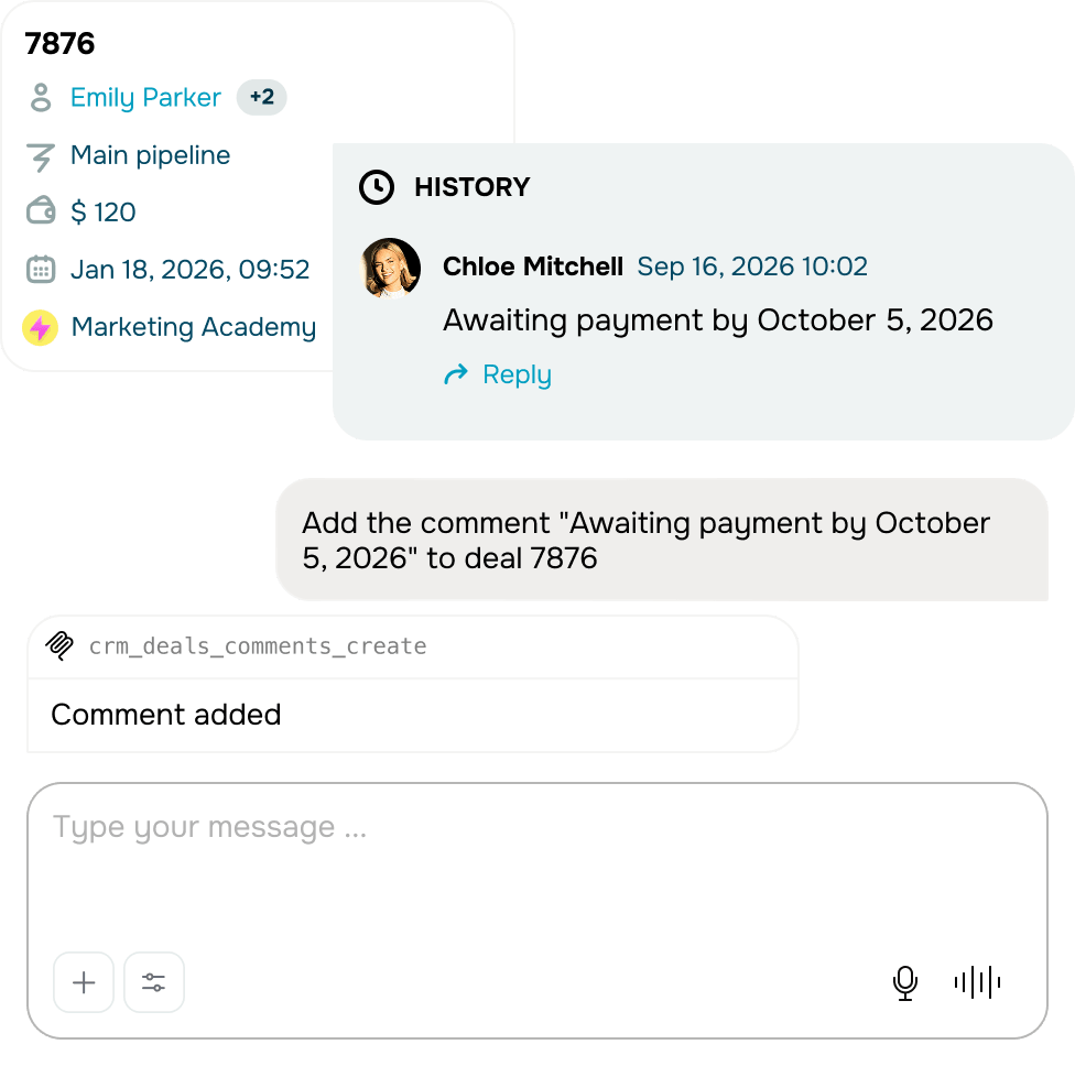 Gestiona contactos, negocios, embudos de ventas, tareas y productos del CRM