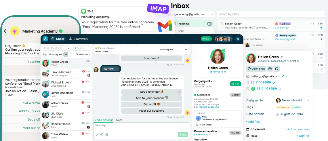 SendPulse brings all your conversations into one workspace, including: