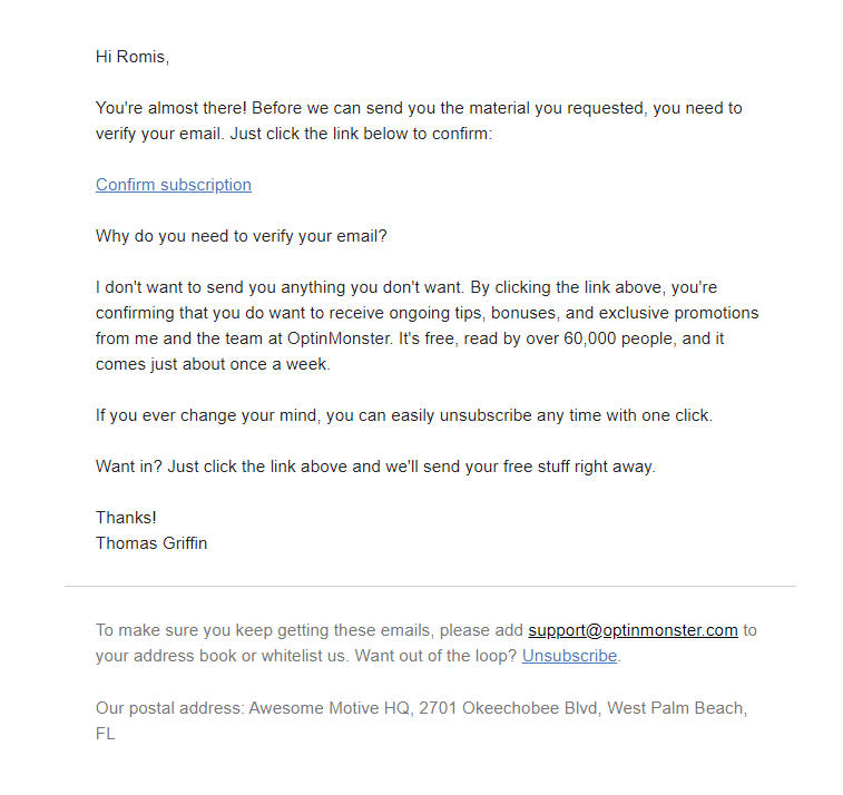 Optinmonster confirmation link